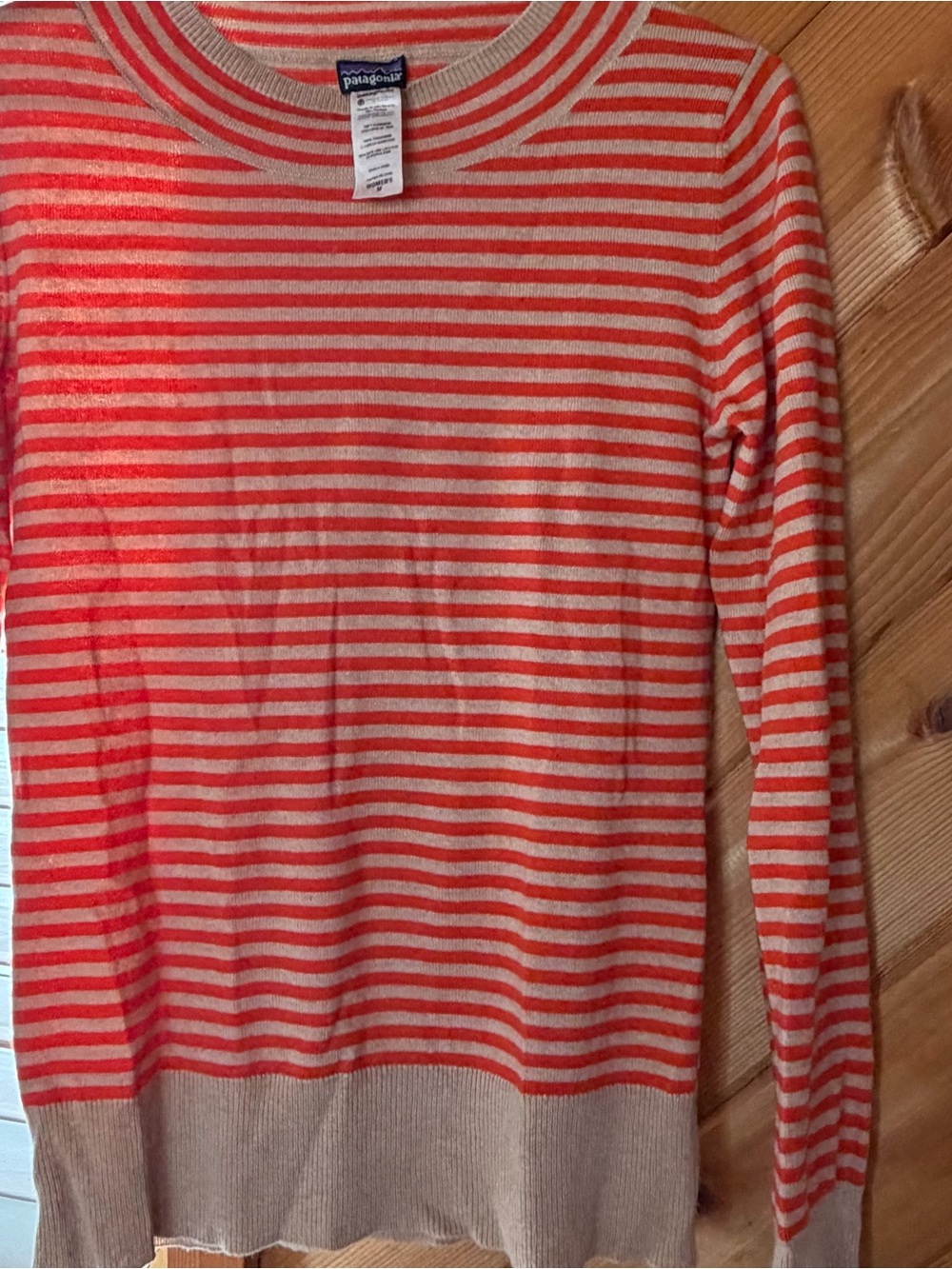 Patagonia Coral and Cream Striped Crewneck Sweater- cashmere